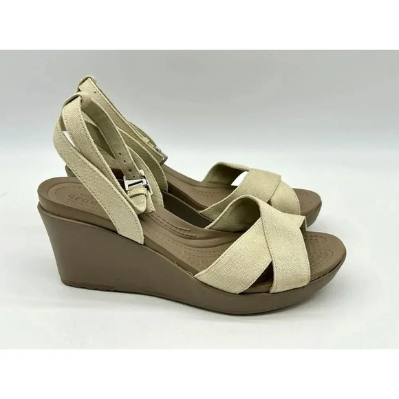 Crocs Leigh II Cross Strap Ankle Wedge Sandals Womens Size 10 Beige Shoes 204950 - Picture 5 of 12